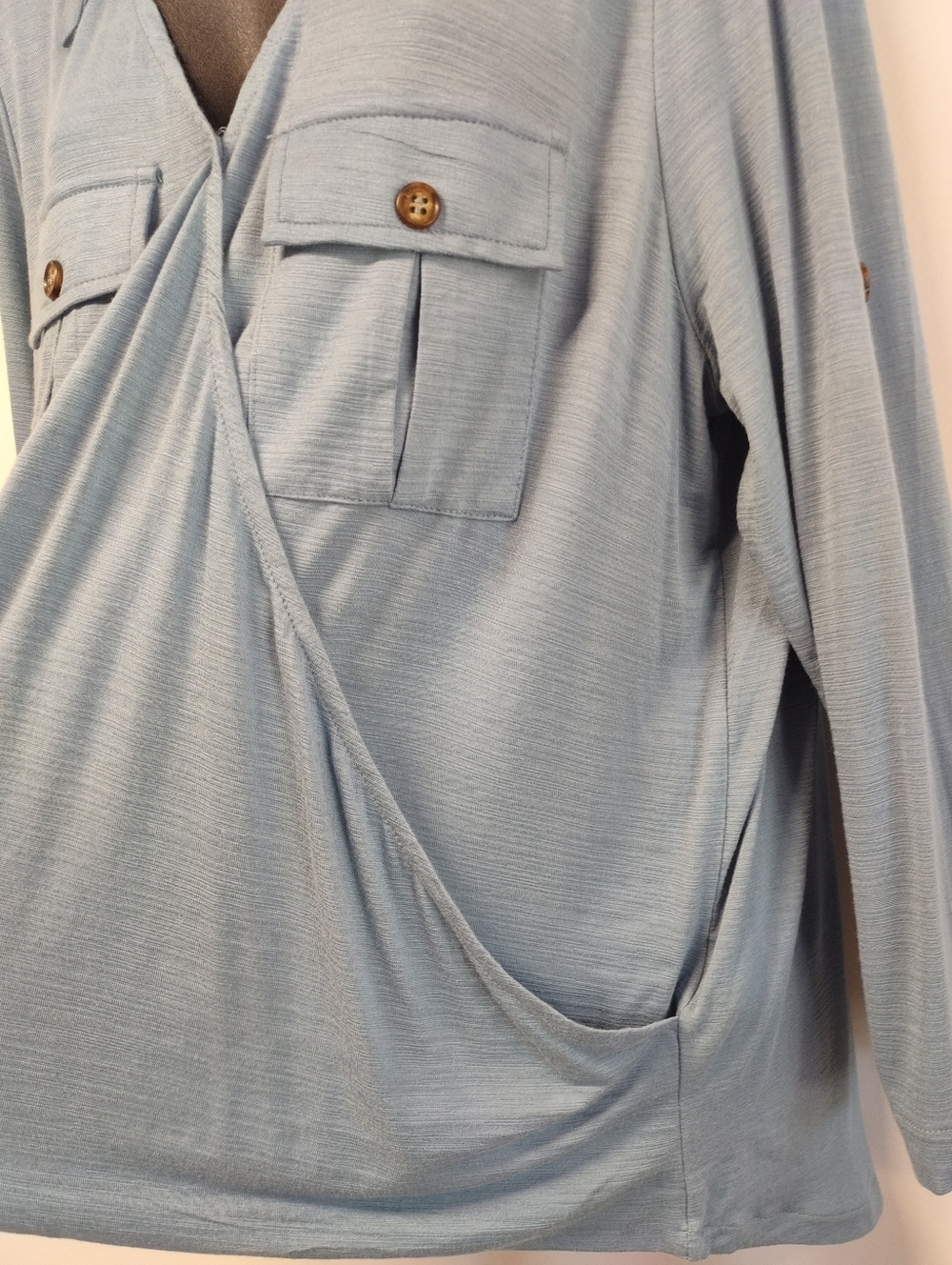 Lara Fashion 1XL Blue Wrap Front Long Sleeve Collared Shirt Blouse Dual Pockets - Picture 6 of 8